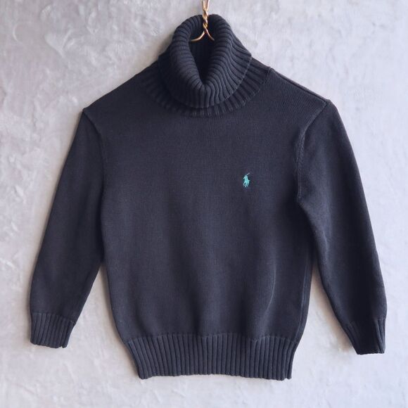 RALPH LAUREN Black Ribbed Turtleneck Sweater Size S 3/4 Sleeve Logo Cotton - Picture 1 of 8